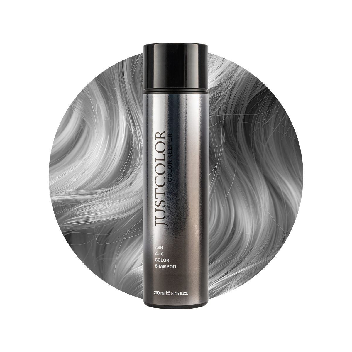 jUSTCOLOR COLOR Shampoo bottle with gray hair background Main image