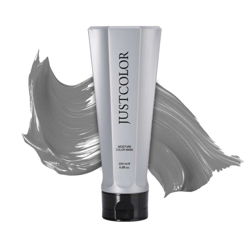 JUSTCOLOR Moisture Color Hair Mask, ash shade with grey paste swatch on white background