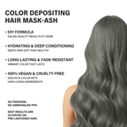 Promotional image of an ash-toned hair mask, with text highlighting its key features: color depositing, hydration, and vegan/cruelty-free qualities.