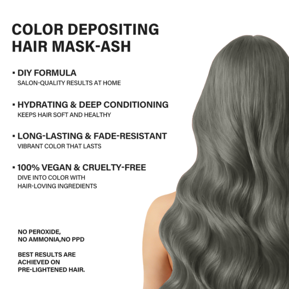 Promotional image of an ash-toned hair mask, with text highlighting its key features: color depositing, hydration, and vegan/cruelty-free qualities.