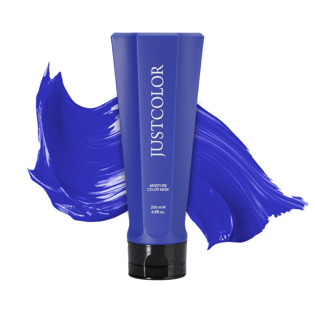Blue tube of JustColor hair color mask with blue paint swatch on a white background Main image