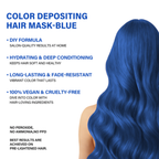 Blue hair mask product with text highlighting features on a white background