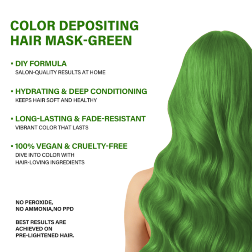 Green hair mask product with a woman's green hair and features listed on a white background.