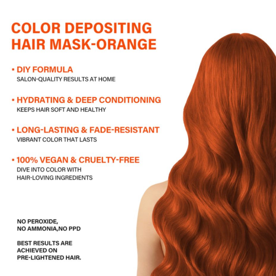 Promotional image of an orange-toned hair mask, with text highlighting its key features: color depositing, hydration, and vegan/cruelty-free qualities.     