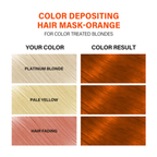 Color depositing hair mask chart for bleached & color‑treated hair, with before/after examples and results.
