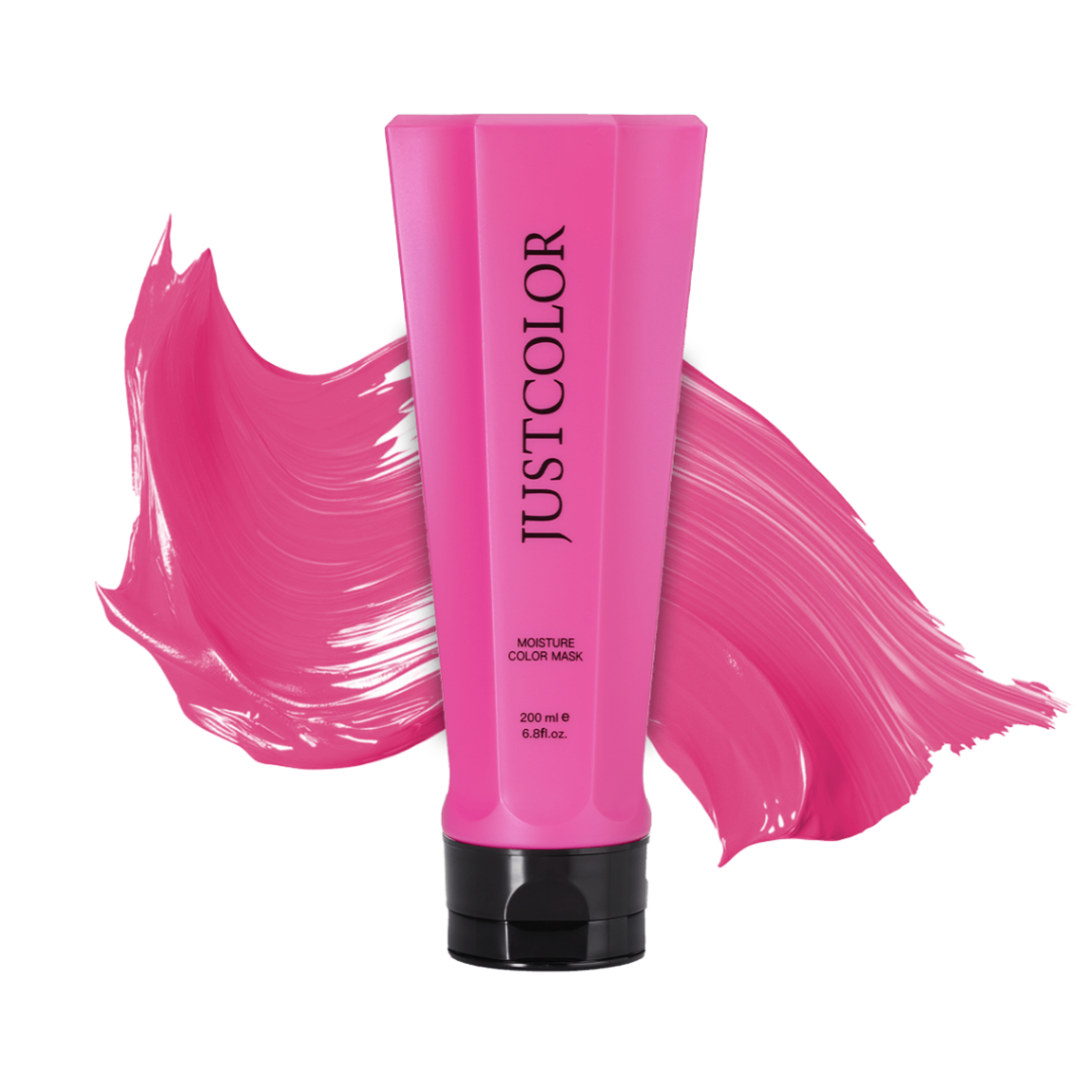 jJUSTCOLOR Pink hair mask tube with pink color swatch on a white background