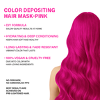 Pink hair mask product with text highlighting features on a white background