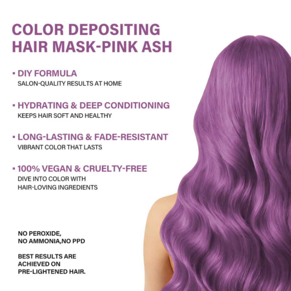  Promotional image of an pink ash-toned hair mask, with text highlighting its key features: color depositing, hydration, and vegan/cruelty-free qualities.     