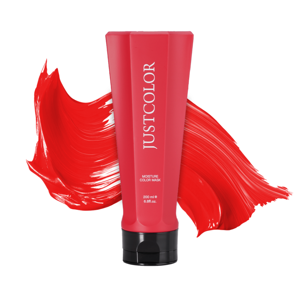 Red hair color mask tube with 'JUSTCOLOR' branding on a white background