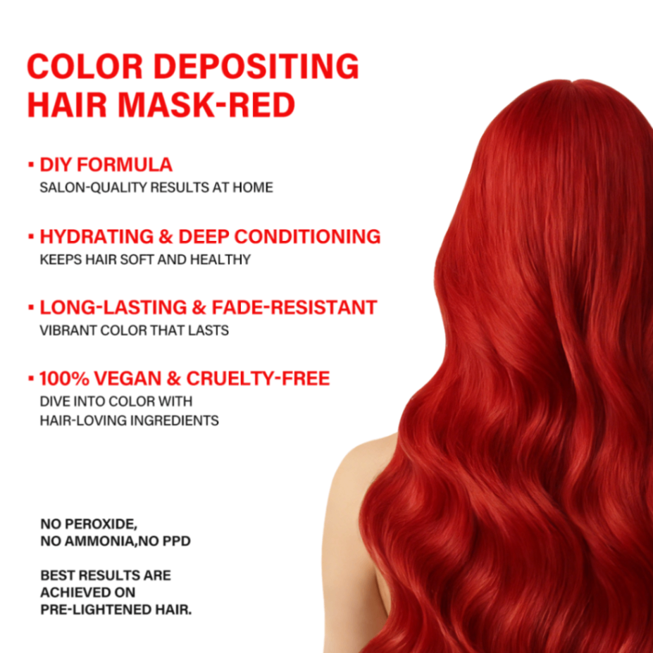   Promotional image of an red-toned hair mask, with text highlighting its key features: color depositing, hydration, and vegan/cruelty-free qualities.     