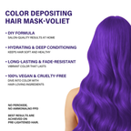 Hair mask product with purple hair and features listed on a white background