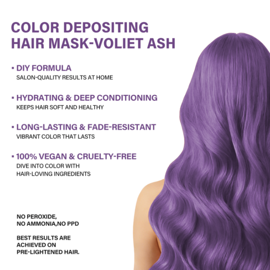 Promotional image of an violet-toned hair mask, with text highlighting its key features: color depositing, hydration, and vegan/cruelty-free qualities.