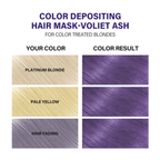 Color depositing hair mask chart for bleached & color‑treated hair, with before/after examples and results.