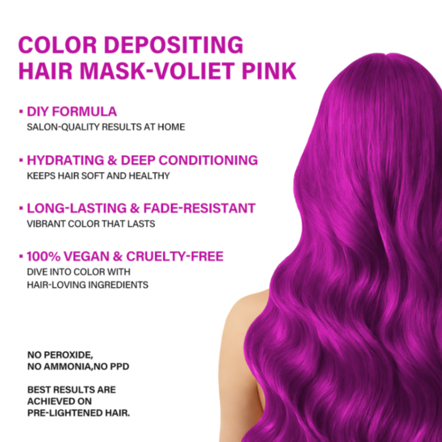    Promotional image of an violet pink-toned hair mask, with text highlighting its key features: color depositing, hydration, and vegan/cruelty-free qualities.     