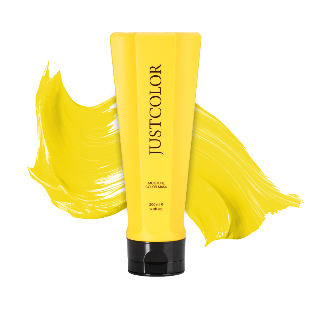 JUSTCOLOR Moisture Color Hair Mask, yellow shade with yellow paste swatch on white background