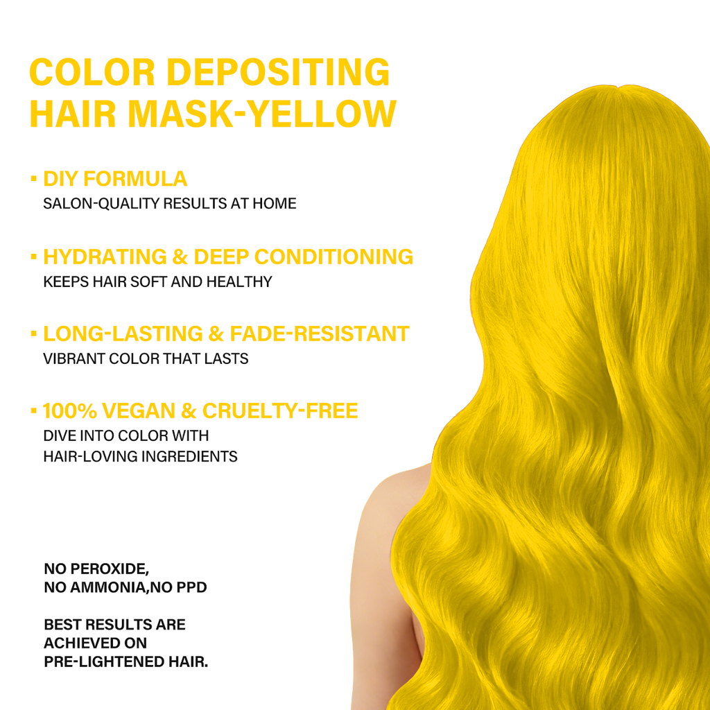   Promotional image of an yellow-toned hair mask, with text highlighting its key features: color depositing, hydration, and vegan/cruelty-free qualities.     