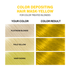 Color depositing hair mask chart for bleached & color‑treated hair, with before/after examples and results.