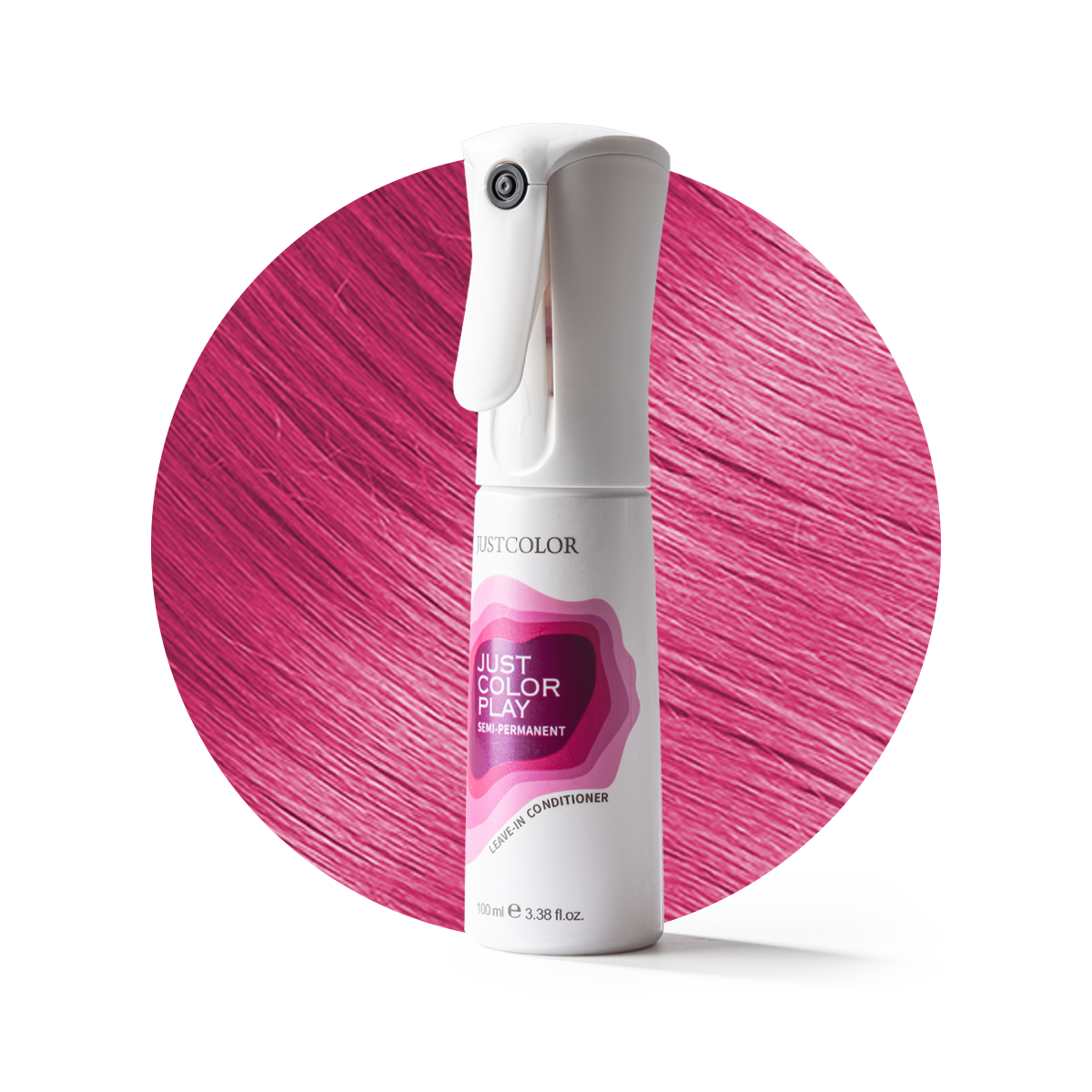 Hair color spray bottle with pink hair strands on a white background Main image