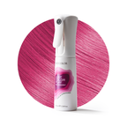 Hair color spray bottle with pink hair strands on a white background