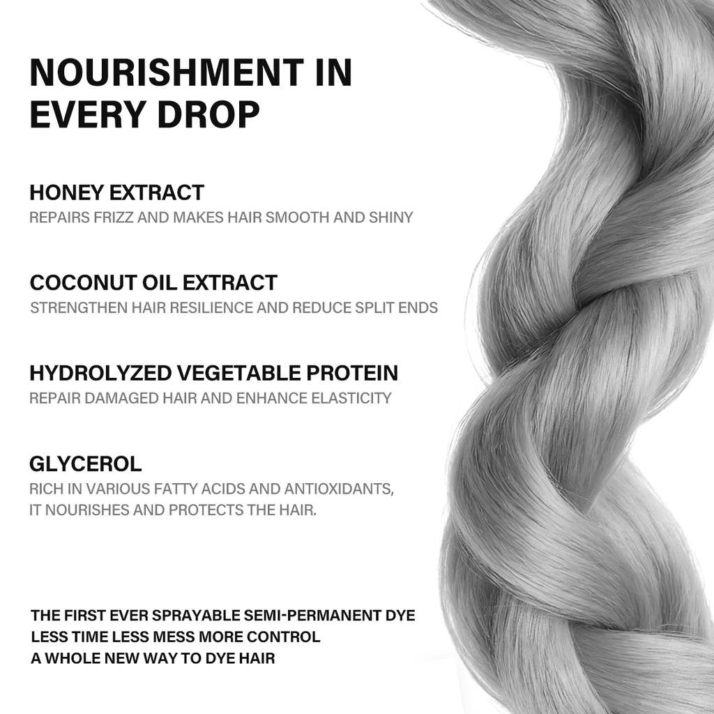 Hair care product advertisement with ingredients listed and a braid of hair on a white background.