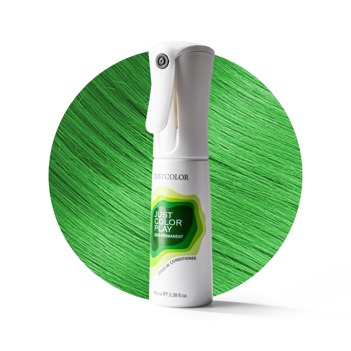 Hair color spray bottle with green hair color swatch on a white background Main image