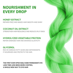 Green hair dye product with ingredients listed on a white background