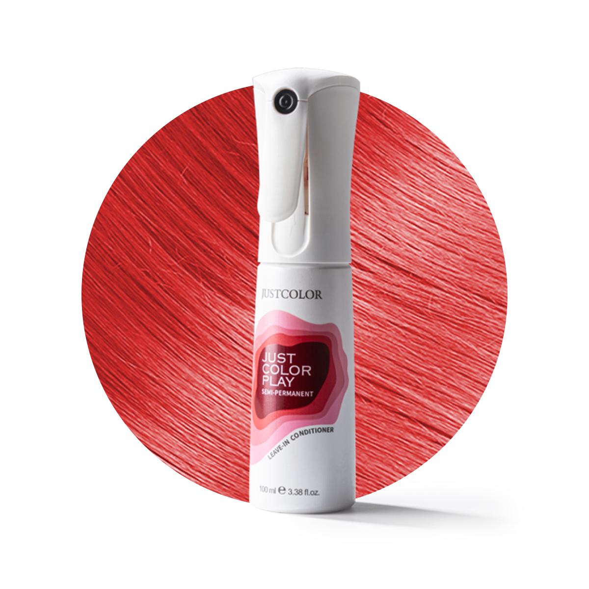 White spray bottle with red hair color swatch on a white background