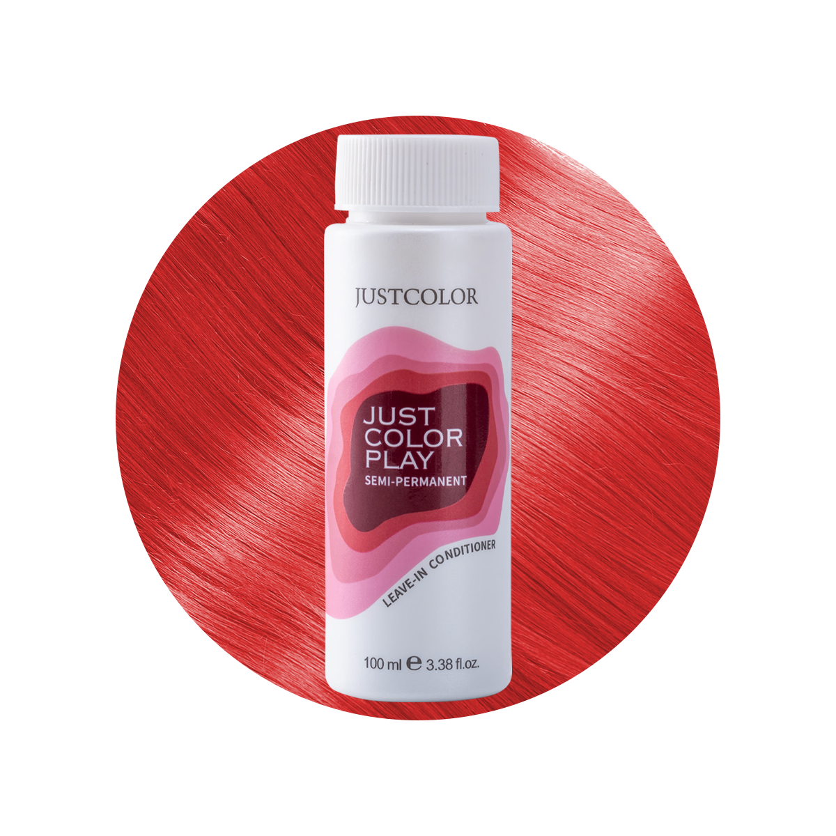 Just Color Play semi-permanent hair color bottle on a red circular background