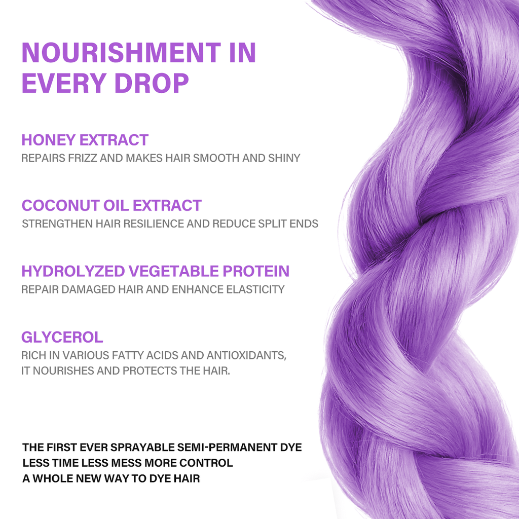 Purple hair with text detailing product benefits on a white background