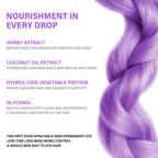 Purple hair with text detailing product benefits on a white background