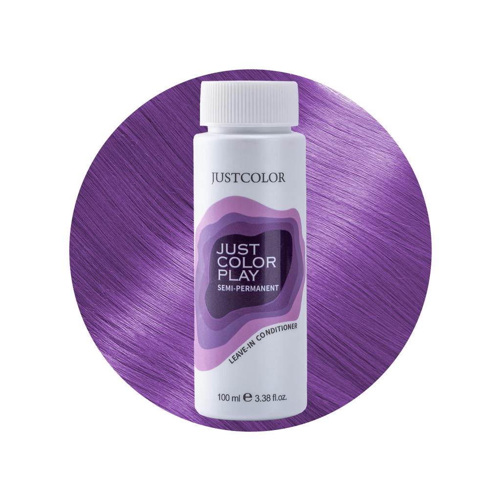 Just Color Play semi-permanent hair color conditioner bottle on a purple circular background