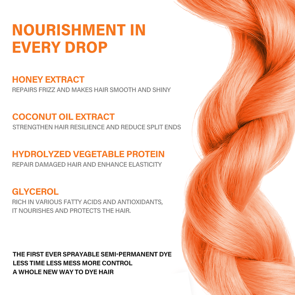 Hair care product advertisement with orange hair and ingredient list on a white background